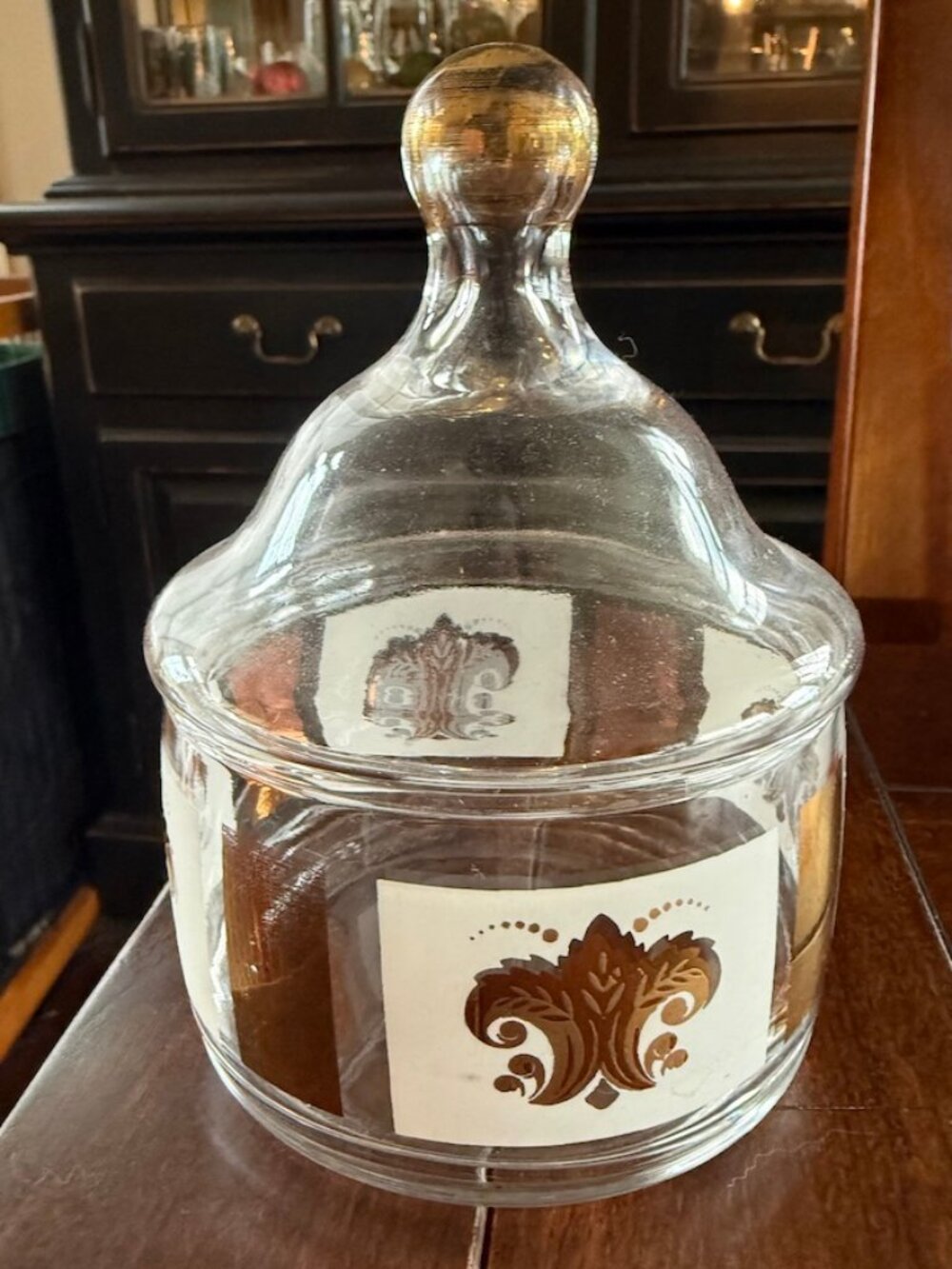 Vintage Anchor Hocking Glass Apothecary Jar With Lid Gold Fleur de Lis Design